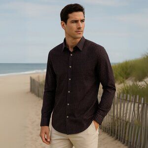 Theory Men’s Slim Fit Button Down Shirt, Navy White Micro Grid Check, Size XL